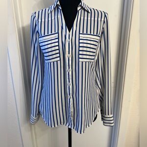 Express Navy and White Striped Slim Fit Button-Down Shirt